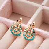 14K Gold Filled Geometric Blue, Red Plaid Paint Enamel Drop Circle Fashion Earrings