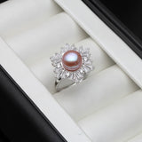 Superb Snowflake Design AAA Zircon Diamonds Silver Multicolour Pearl Rings