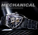 New Black Skeleton Mechanical Watches Triangle Automatic Stainless Steel Irregular  Transparent Back Case Wristwatch
