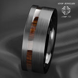 New Arrival 8mm Off Center Koa Wood Black Brushed Tungsten Carbide Ring - Fashion Wedding Rings - The Jewellery Supermarket