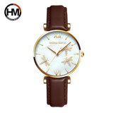 New Elegant Dragonfly Design White Oyster Pearl Shell Scallop Dial Quartz Ladies Watch Stainless Steel Women Watches