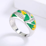 Elegant Fashion Leaf AAA Zircon Diamonds Green Handmade Enamel Silver Ring