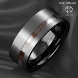 New Arrival 8mm Off Center Koa Wood Black Brushed Tungsten Carbide Ring - Fashion Wedding Rings - The Jewellery Supermarket