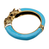 Unique Design Trendy Double Leopard Head Enamel Statement Cuff Bracelets Bangles, Gold Plated Animal Vintage Bracelet