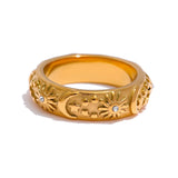18K Gold Plated Sun Star Moon Stainless Steel Stylish Celestial Women Ring