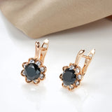 14K Rolled Rose Gold Center Inlay AAA Black Zircon Diamonds Surround Flower Earrings