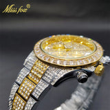 Luxury Gold Stainless Steel Iced Bracelet Purple CZ Diamonds 3 Dial Watches