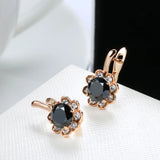 14K Rolled Rose Gold Center Inlay AAA Black Zircon Diamonds Surround Flower Earrings