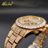 Luxury Gold Stainless Steel Iced Bracelet Purple CZ Diamonds 3 Dial Watches