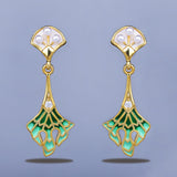 Fashion Inlaid Pearl Long Green Handmade Enamel Tassel 925 Silver Earrings