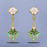 Fashion Inlaid Pearl Long Green Handmade Enamel Tassel 925 Silver Earrings