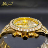 Luxury Gold Stainless Steel Iced Bracelet Purple CZ Diamonds 3 Dial Watches