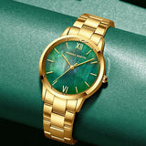 Top Brand Elegant Style Gold Stainless Steel Green Stone Dial Quartz Shell Pearl Oyster Waterproof Ladies Watches