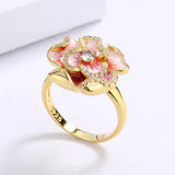 Golden Flower Pink Enamel Handmade AAA Diamonds Zircon Epoxy 925 Silver Ring
