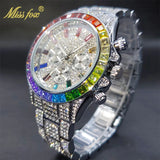 Luxury Gold Stainless Steel Iced Bracelet Purple CZ Diamonds 3 Dial Watches