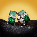 Green Square Sparkling Handmade Enamel AAA Zircon Diamonds Silver Stud Earrings