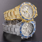 Luxury Gold Stainless Steel Iced Bracelet Purple CZ Diamonds 3 Dial Watches