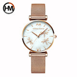 New Elegant Dragonfly Design White Oyster Pearl Shell Scallop Dial Quartz Ladies Watch Stainless Steel Women Watches