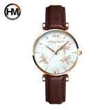 New Elegant Dragonfly Design White Oyster Pearl Shell Scallop Dial Quartz Ladies Watch Stainless Steel Women Watches