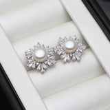 Geometric Snowflake Real Multicolour Pearls AAA Zircon Diamonds Silver Earrings