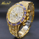 Luxury Gold Stainless Steel Iced Bracelet Purple CZ Diamonds 3 Dial Watches