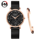 New Elegant Quartz Ladies Watches Stainless Steel Mesh Casual Waterproof Wrist Watches with 1 Set Bracelet