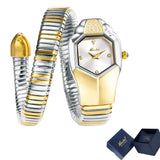 Hot Fashion Stainless Steel Bangle Snake Shape Zircon Diamond Ladies Watches - Quartz Silver Colour Wristwatches
