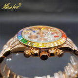 Luxury Gold Stainless Steel Iced Bracelet Purple CZ Diamonds 3 Dial Watches