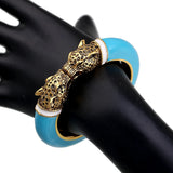 Unique Design Trendy Double Leopard Head Enamel Statement Cuff Bracelets Bangles, Gold Plated Animal Vintage Bracelet