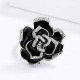 Exquisite Handmade Enamel AAA Zircon Diamonds Drip Oil Colour Black Flower Ring