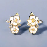 Elegant Golden Flower Silver Handmade Enamel White Flower Stud Earrings