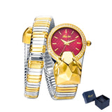 Amazing Luxury Brand Red Dial Snake Shape Zirconia Diamond Ladies Gold Iced Out Analog Quartz Movt Unique Watch