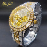 Luxury Gold Stainless Steel Iced Bracelet Purple CZ Diamonds 3 Dial Watches