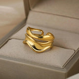 Vintage Style Stainless Steel Double Line Irregular Metal Curved Wave Adjustable Rings For Women - Fashion Jewellery