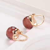 New 585 Rose Gold Glass Spherical Ball Drop Earrings Hang Ear Football Cut Emeral Red Crystal Clip Earrings Elegant Wedding Fine Jewelry