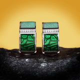 Green Square Sparkling Handmade Enamel AAA Zircon Diamonds Silver Stud Earrings