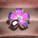 Exquisite AAA Purple Zircon Crystal Flower 925 Silver Handmade Enamel Ring