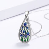 925 Silver Fashion Handmade Enamel Blue Flower Ladies Pendant Necklace