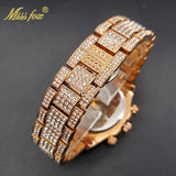 Luxury Gold Stainless Steel Iced Bracelet Purple CZ Diamonds 3 Dial Watches