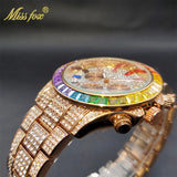 Luxury Gold Stainless Steel Iced Bracelet Purple CZ Diamonds 3 Dial Watches