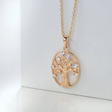 Classic 14K Filled Rose Gold Long Chain Luxury Life Tree Geometric Oval Pendant AAA Zircon Diamonds Necklace