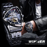 New Black Skeleton Mechanical Watches Triangle Automatic Stainless Steel Irregular  Transparent Back Case Wristwatch