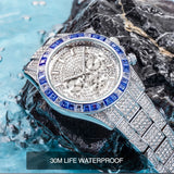 Luxury Gold Stainless Steel Iced Bracelet Purple CZ Diamonds 3 Dial Watches