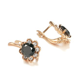 14K Rolled Rose Gold Center Inlay AAA Black Zircon Diamonds Surround Flower Earrings
