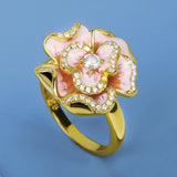 Golden Flower Pink Enamel Handmade AAA Diamonds Zircon Epoxy 925 Silver Ring