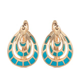 14K Gold Filled Geometric Blue, Red Plaid Paint Enamel Drop Circle Fashion Earrings