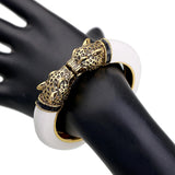 Unique Design Trendy Double Leopard Head Enamel Statement Cuff Bracelets Bangles, Gold Plated Animal Vintage Bracelet