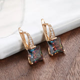 14K Gold Filled Rose Red Green Gradient AAAA  Rainbow Zircon Crystal Square Cut Earrings