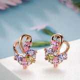 Luxury 14K Rose Gold filled Water Drop Colorful AAA Zircon Crystals Curve Symmetry Piercing Hoops Earrings