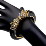 Unique Design Trendy Double Leopard Head Enamel Statement Cuff Bracelets Bangles, Gold Plated Animal Vintage Bracelet